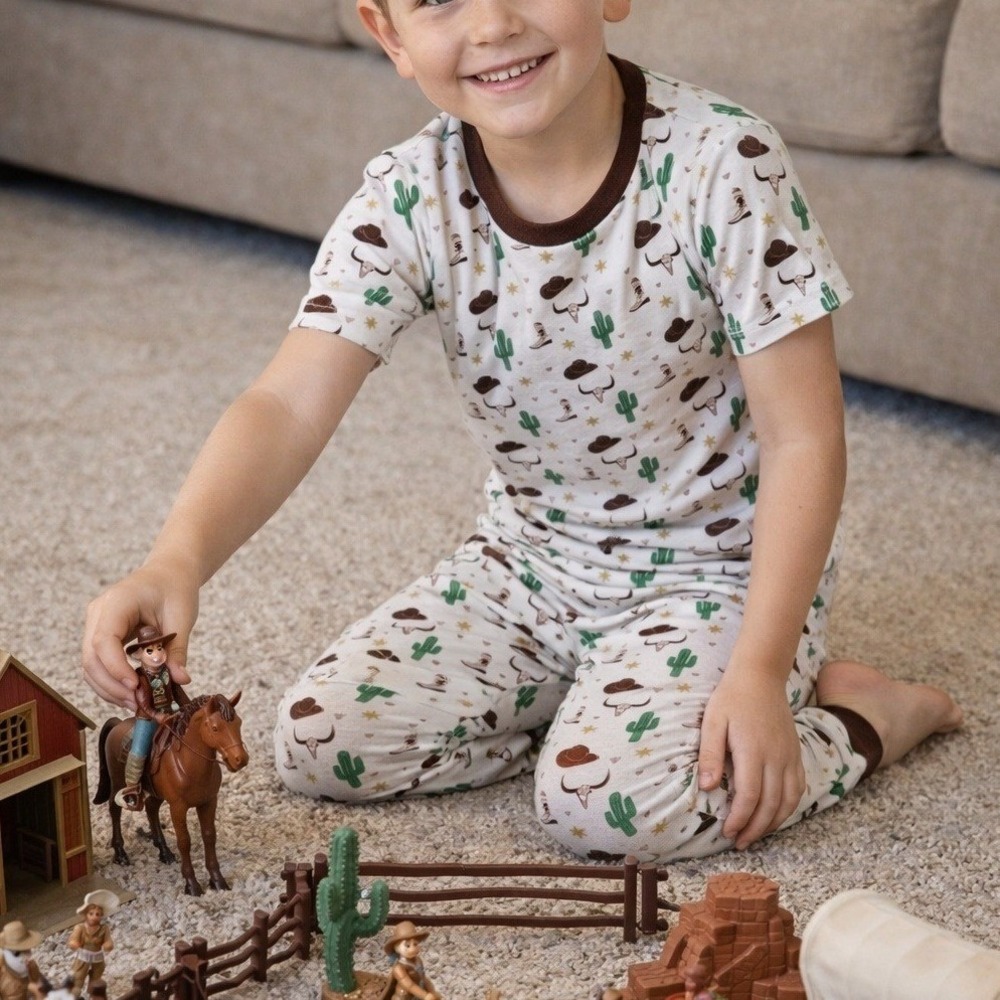 Cowboy Pajama Set Organic Wild Wild West 2pcs Western Sleepwear Sz 7Y NEW